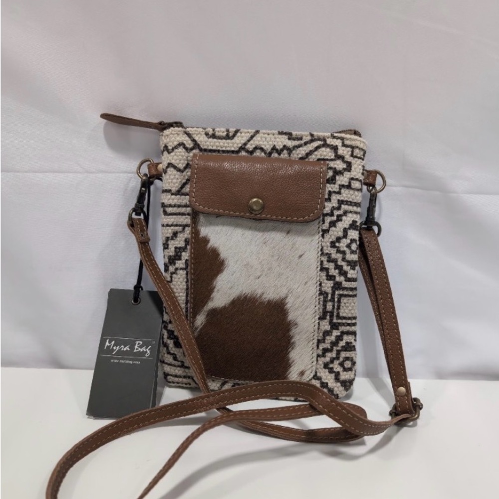 Myra Bag Brown & White Patterned Crossbody with Cowhide Pocket
